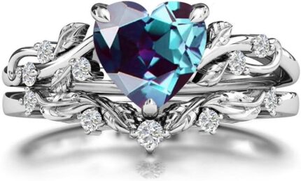 10k 14k 18k solid gold heart gemstone engagement ring set for women leaf art deco ring set heart cut vintage vine gemstone bridal wedding promise ring set size415.jpg
