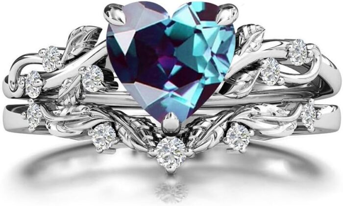 10k 14k 18k solid gold heart gemstone engagement ring set for women leaf art deco ring set heart cut vintage vine gemstone bridal wedding promise ring set size415.jpg