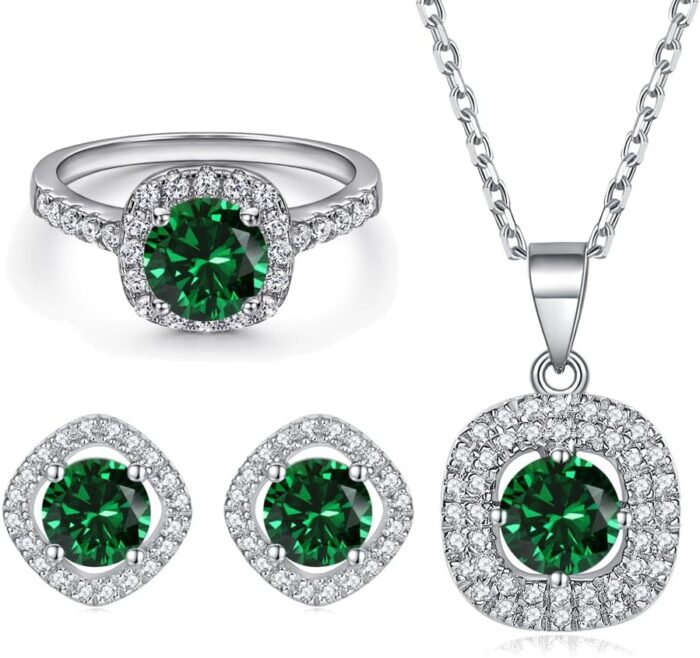 14k gold emerald moissanite earrings necklace ring set womens three piece jewelry set luxury green gemstone jewelry for high end events.jpg