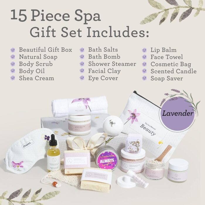 1746727431 lizush luxury spa gifts for women 15 piece lavender gifts for her gift baskets for women body care set for mom birthday box self care spa kit for wife handmade in the usa.jpg
