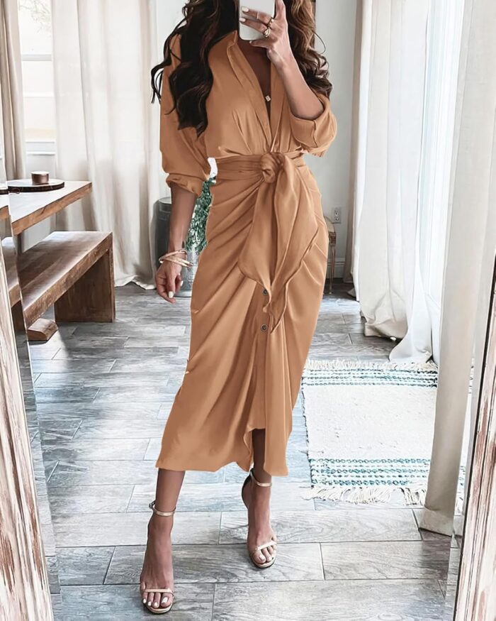 1746734295 btfbm women long sleeve satin dress 2025 summer spring lapel v neck button down elegant belted ruched maxi shirt dresses.jpg