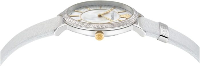 1746802321 versace v eternal collection luxury womens watch timepieces with a white strap featuring a stainless steel case and a silver dial.jpg