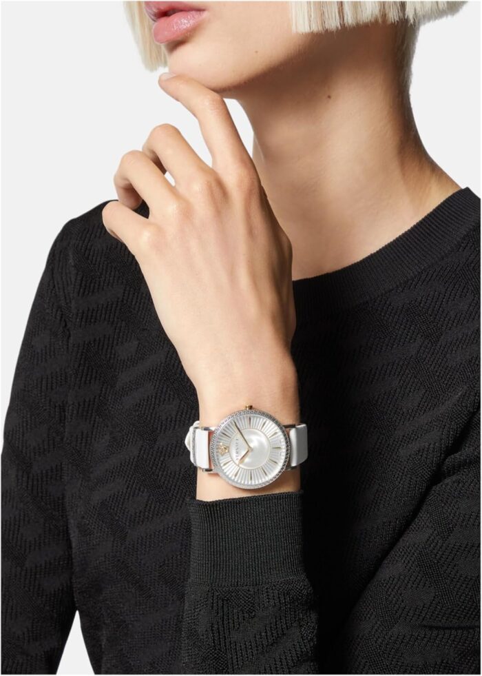 1746802327 versace v eternal collection luxury womens watch timepieces with a white strap featuring a stainless steel case and a silver dial.jpg