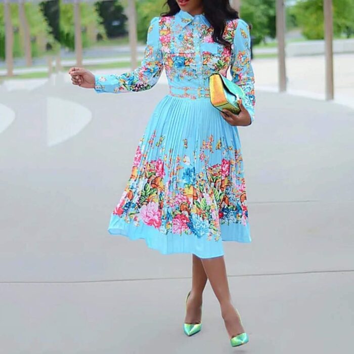 1746806527 verwin lapel three quarter sleeve knee length pleated floral womens sheath dress.jpg