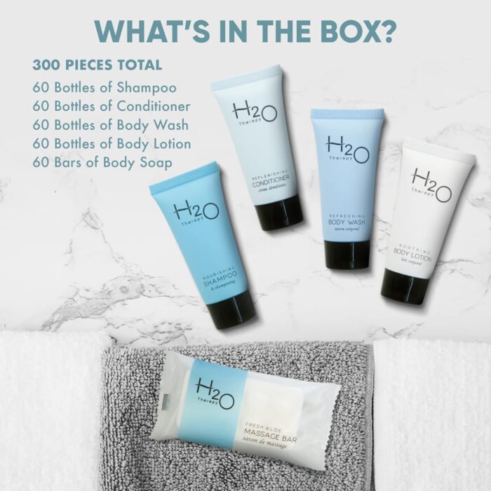 1746807740 h2o therapy hotel soaps toiletries bulk set 1 shoppe amenities kit 0.85oz shampoo conditioner body wash lotion 1oz bar soap travel size 300 pieces.jpg