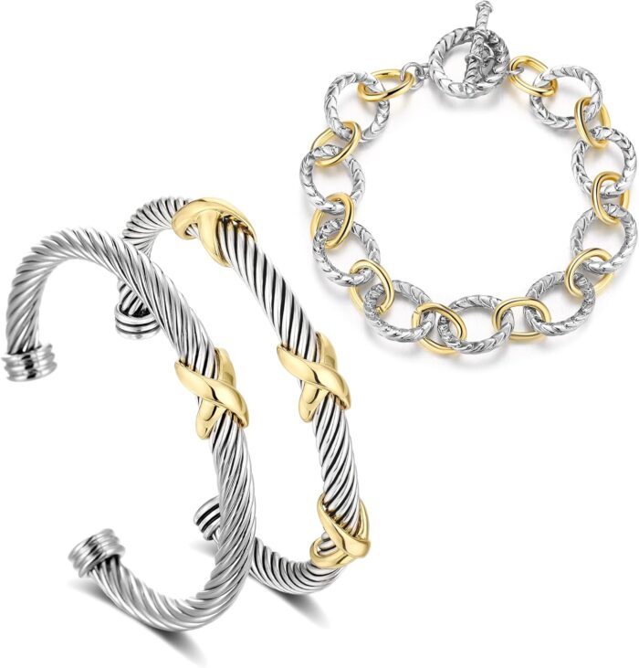 1746855550 3pcs twisted cable bracelet and chain rings trendy cuff bracelet link rings designer dupes adjustable bangle set jewelry for women gifts for her.jpg
