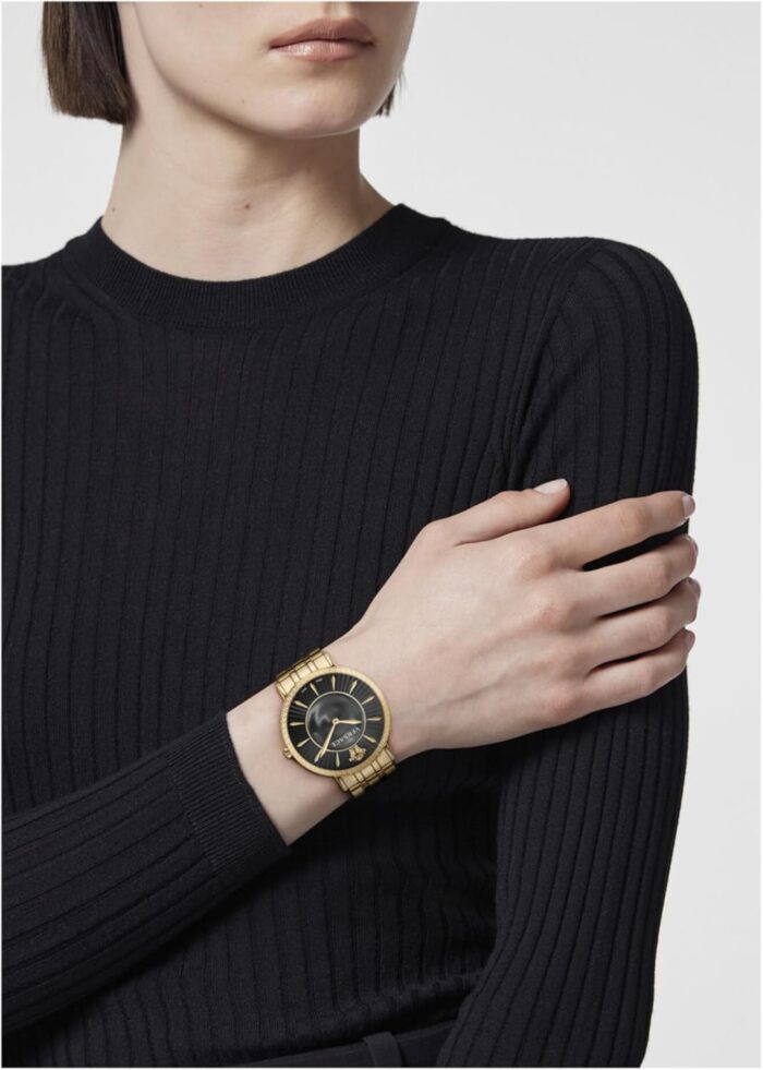 1746875671 versace v eternal collection luxury womens watch timepieces with a gold bracelet and case featuring a black dial.jpg