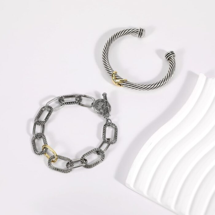1746900312 2pcs twisted cable bracelet and chain for women fashion wire cuff bracelet link chain adjustable bangle set designer dupes jewelry gifts for her 2pcs b.jpg