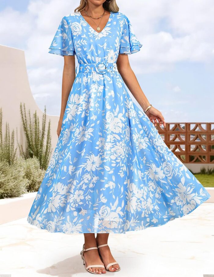 1746958244 zesica womens 2025 summer floral v neck midi dress boho short sleeve high waist flowy beach vacation dresses with belt.jpg