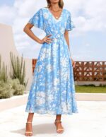 1746958250 zesica womens 2025 summer floral v neck midi dress boho short sleeve high waist flowy beach vacation dresses with belt.jpg