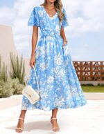 1746958251 zesica womens 2025 summer floral v neck midi dress boho short sleeve high waist flowy beach vacation dresses with belt.jpg