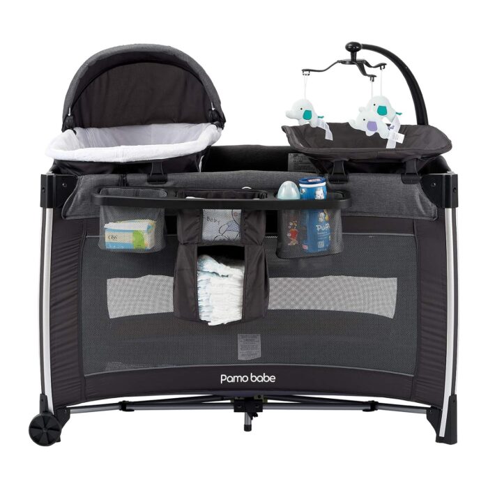 1746959505 pamo babe 4 in 1 portable baby crib deluxe nursery center foldable travel playard with bassinet mattress changing table for newborn infant toddlergrey.jpg