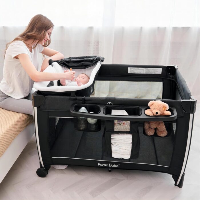 1746959508 pamo babe 4 in 1 portable baby crib deluxe nursery center foldable travel playard with bassinet mattress changing table for newborn infant toddlergrey.jpg
