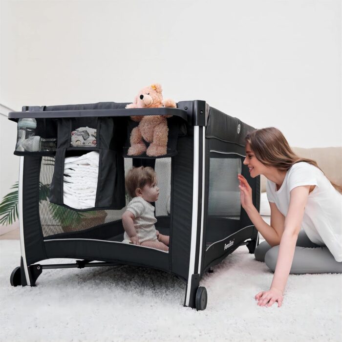 1746959509 pamo babe 4 in 1 portable baby crib deluxe nursery center foldable travel playard with bassinet mattress changing table for newborn infant toddlergrey.jpg