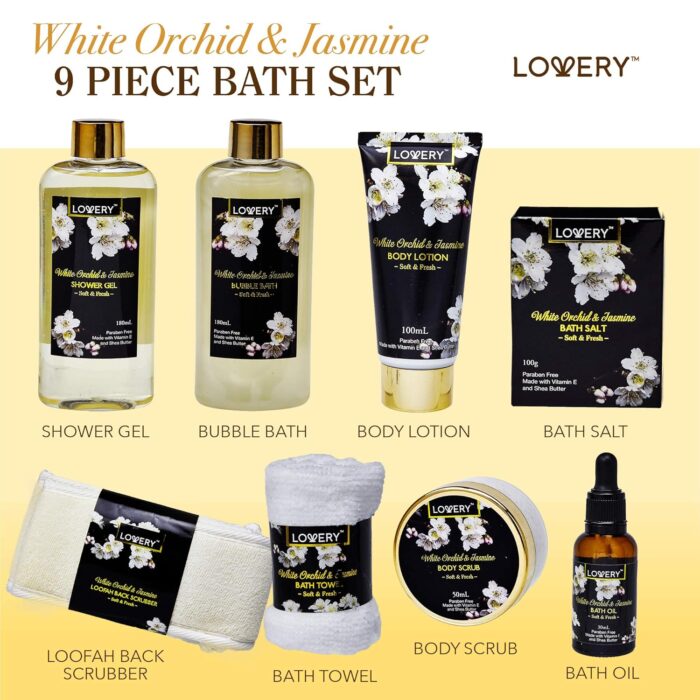 1746982271 mothers day gift basket for mom bath and body gift basket for women and men – orchid jasmine home spa set with body scrubs lotions oils gels and more care package for women men 9 piece set.jpg