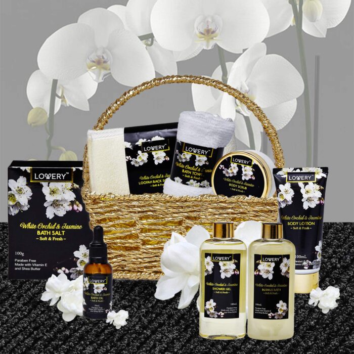 1746982272 mothers day gift basket for mom bath and body gift basket for women and men – orchid jasmine home spa set with body scrubs lotions oils gels and more care package for women men 9 piece set.jpg