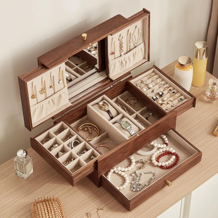 1747009162 chosin black walnut wooden jewelry box for women 3 level multi functional drawer wood organizer box with mirror for watch necklace ring earring storage mothers day gifts.jpg