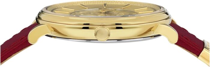 1747035487 versace v circle medusa collection luxury womens watch timepieces with a burgundy strap featuring a gold case and dial.jpg