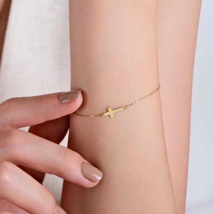 1747071086 14k solid gold cross bracelet for women or baby real solid gold sideways adjustable cross bracelet gold plated bracelet for women or teen religious christian baptism gift for her.jpg