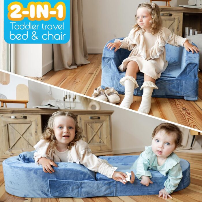 1747083500 sleepah toddler travel bed chair – foam raised safety bumpers 55 x 26 x 8 – foldable portable cot for children 18m – 6yr old fold out sofa couch lounger with sheet pillow case blue.jpg