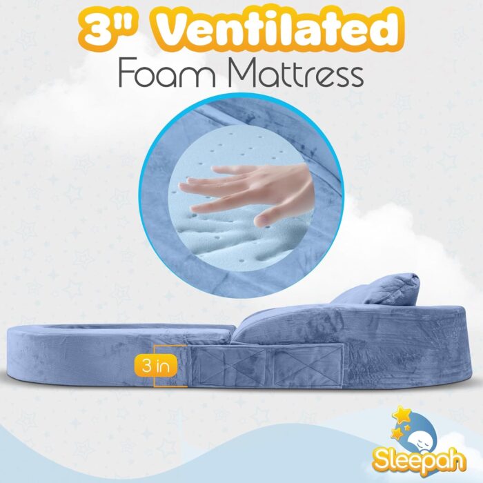 1747083501 sleepah toddler travel bed chair – foam raised safety bumpers 55 x 26 x 8 – foldable portable cot for children 18m – 6yr old fold out sofa couch lounger with sheet pillow case blue.jpg
