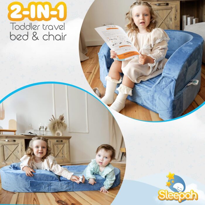 1747083507 sleepah toddler travel bed chair – foam raised safety bumpers 55 x 26 x 8 – foldable portable cot for children 18m – 6yr old fold out sofa couch lounger with sheet pillow case blue.jpg