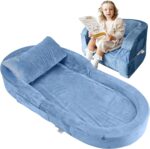1747083508 sleepah toddler travel bed chair – foam raised safety bumpers 55 x 26 x 8 – foldable portable cot for children 18m – 6yr old fold out sofa couch lounger with sheet pillow case blue.jpg
