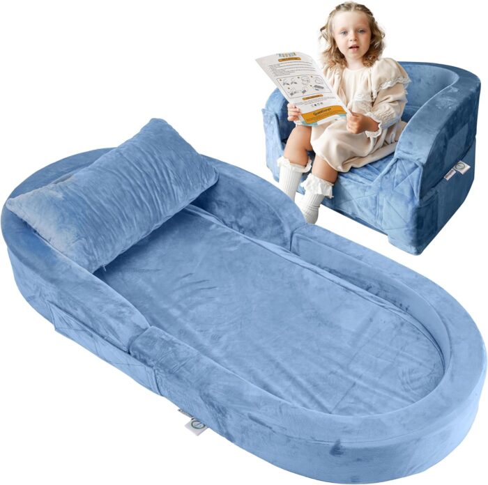 1747083508 sleepah toddler travel bed chair – foam raised safety bumpers 55 x 26 x 8 – foldable portable cot for children 18m – 6yr old fold out sofa couch lounger with sheet pillow case blue.jpg