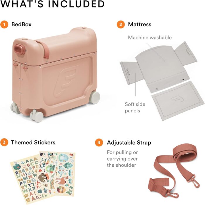 1747127656 stokke jetkids bedbox coral pink ride on suitcase for kids 2 7 years old up to 77 lbs transforms into bed includes mattress decorative stickers adjustable carrying strap.jpg
