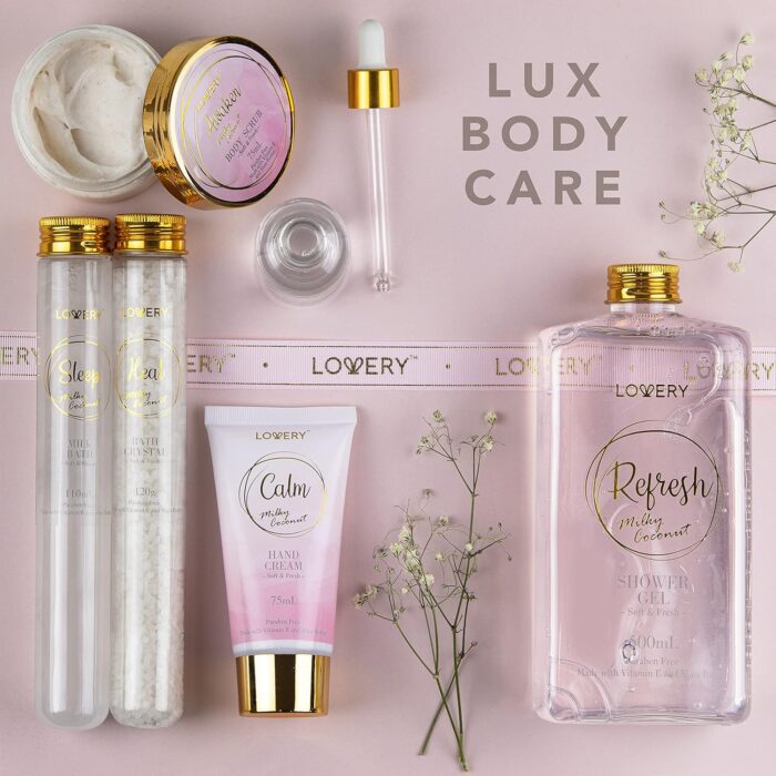 1747129589 mothers day bath gift set home spa gift basket with milky coconut vitamin e shea butter with shower gel bath salt crystals body scrub hand cream body oil bath pillow wooden crate more.jpg