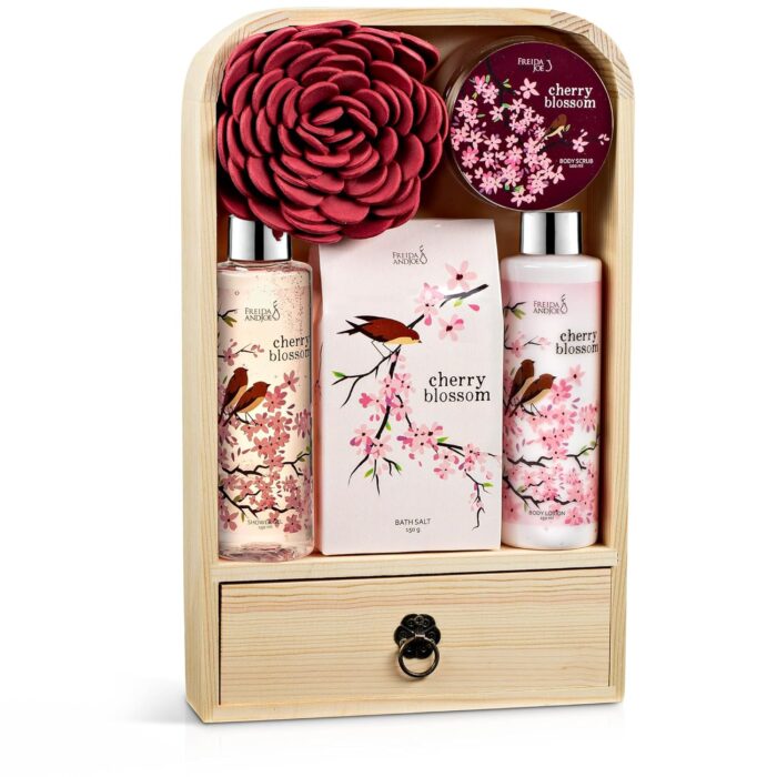 1747152070 elegant modern cherry blossom bath and body gift set 6pc home spa set with bubble bath bath salts body lotion bath puff and rose soaps in wooden curio mothers day gift for mom.jpg