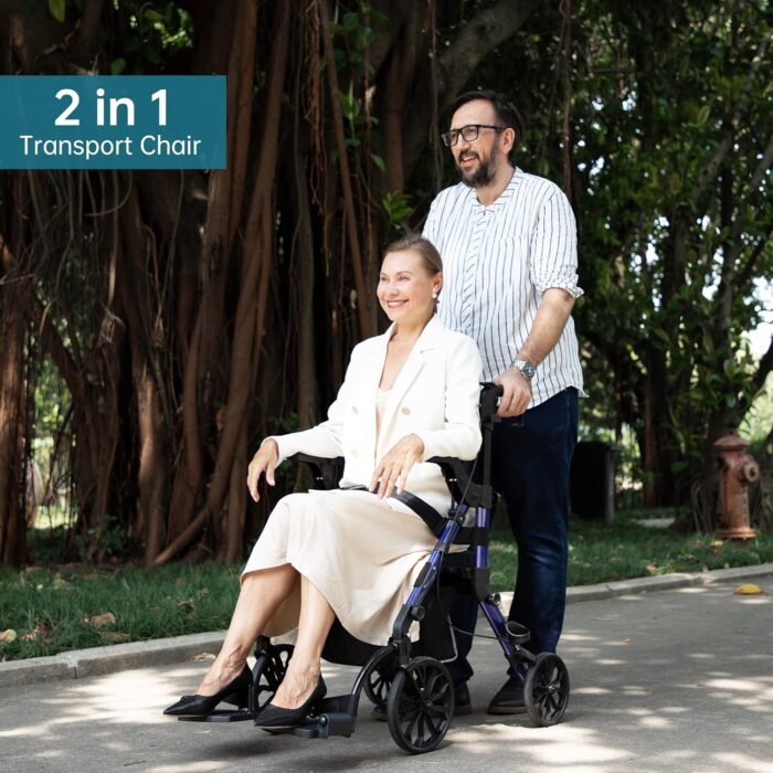 1747153771 elenker 2 in 1 rollator walker transport chair folding wheelchair rolling mobility walking aid with seat belt padded seat and detachable footrests for adult seniors blue.jpg