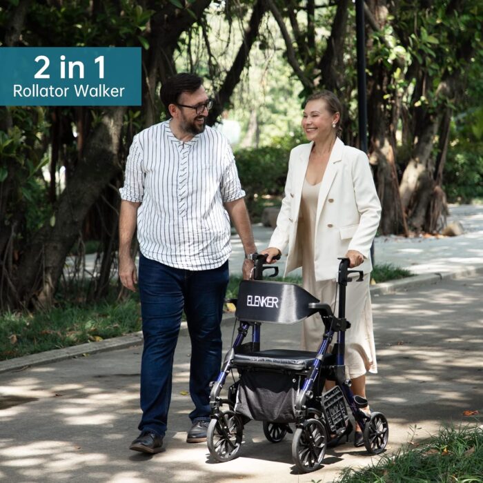 1747153772 elenker 2 in 1 rollator walker transport chair folding wheelchair rolling mobility walking aid with seat belt padded seat and detachable footrests for adult seniors blue.jpg
