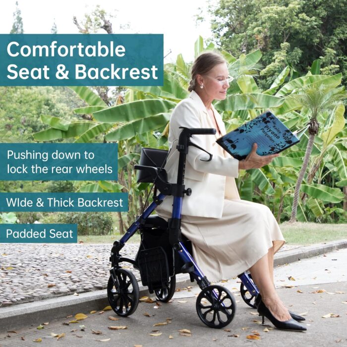 1747153774 elenker 2 in 1 rollator walker transport chair folding wheelchair rolling mobility walking aid with seat belt padded seat and detachable footrests for adult seniors blue.jpg