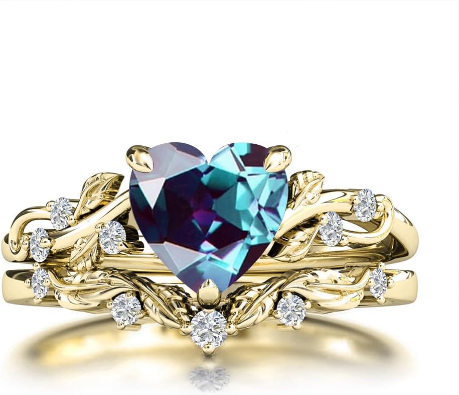 1747160805 10k 14k 18k solid gold heart gemstone engagement ring set for women leaf art deco ring set heart cut vintage vine gemstone bridal wedding promise ring set size415.jpg