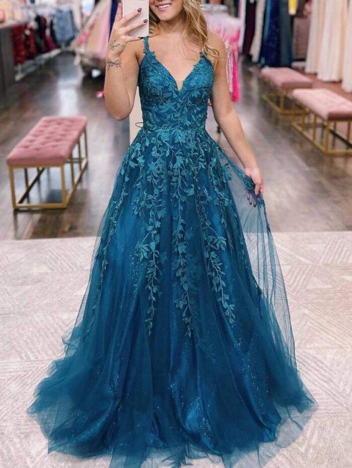 1747163585 tulle prom dresses for women 2025 sparkly lace appliques long ball gowns spaghetti straps a line evening gowns.jpg