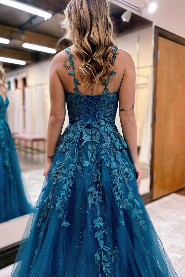 1747163586 tulle prom dresses for women 2025 sparkly lace appliques long ball gowns spaghetti straps a line evening gowns.jpg