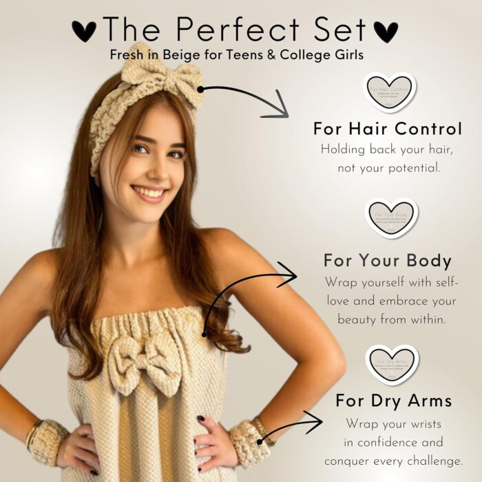1747167937 happy lolli power shower gift set luxury bath accessories basket for women teen girls – includes body hair towel wrist bands headband face sponge more – empower your routine fresh in beige.jpg