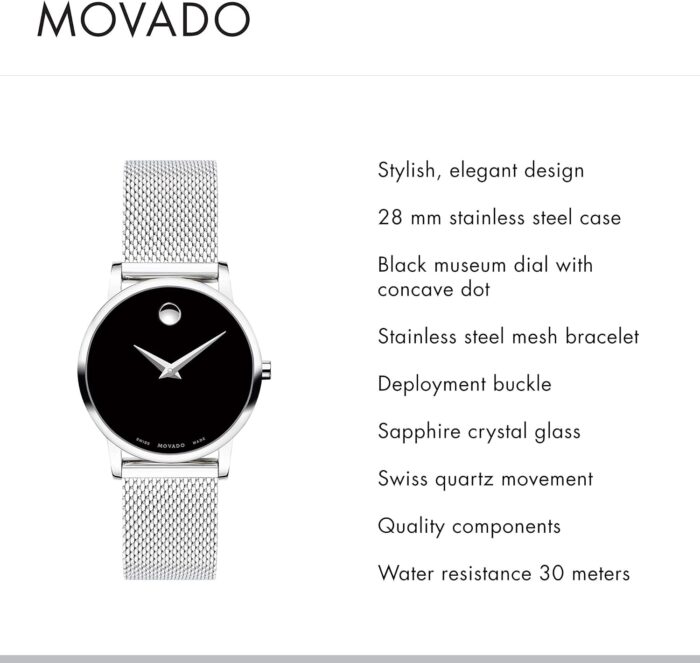 1747171878 movado museum classic womens watch swiss quartz movement stainless steel mesh bracelet 3 atm water resistance luxury fashion timepiece for her 28mm.jpg