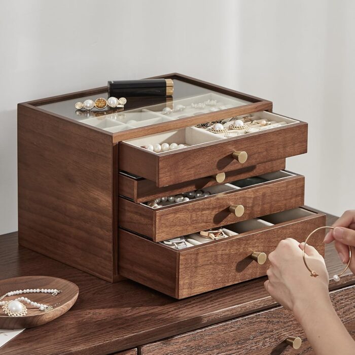 1747172386 black walnut wooden jewelry box for women large 4 layer drawer organizer box with glass lid for necklaces watch necklace ring earring storage mothers day gifts.jpg