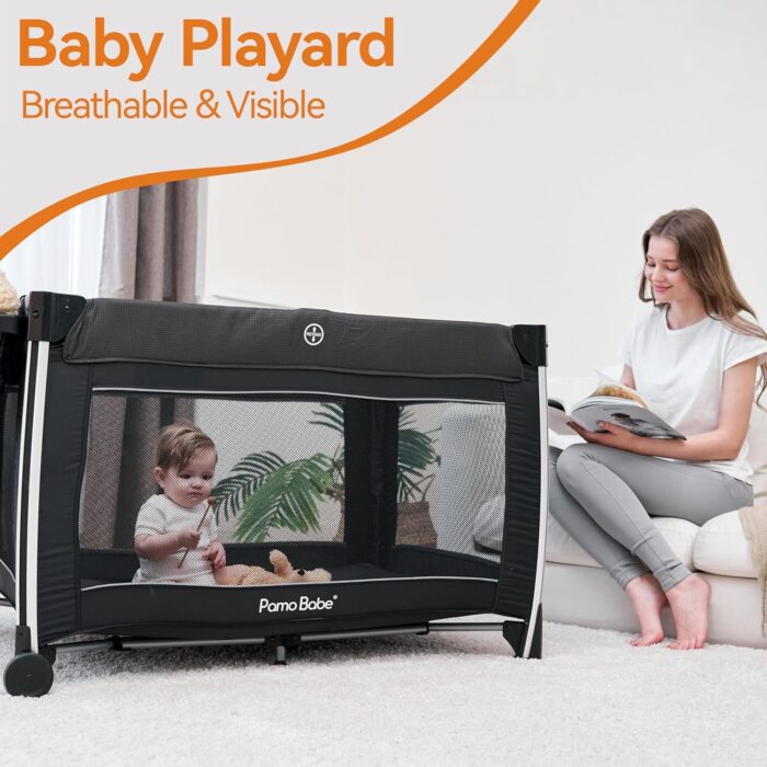 1747184816 pamo babe 4 in 1 baby playards with bassinet changing table portable crib breathable mesh and toy mobile.jpg