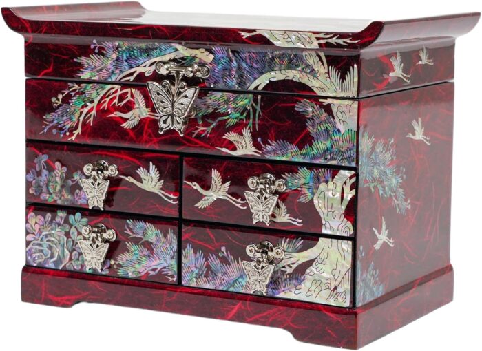1747318573 february mountain mother of pearl wooden jewelry organizer box – jewelry storage box for women features spacious drawers ideal for rings bracelets watches chains accessories crane red.jpg