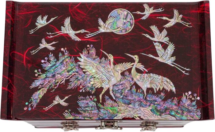 1747318575 february mountain mother of pearl wooden jewelry organizer box – jewelry storage box for women features spacious drawers ideal for rings bracelets watches chains accessories crane red.jpg