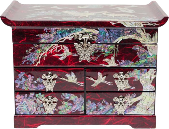 1747318578 february mountain mother of pearl wooden jewelry organizer box – jewelry storage box for women features spacious drawers ideal for rings bracelets watches chains accessories crane red.jpg