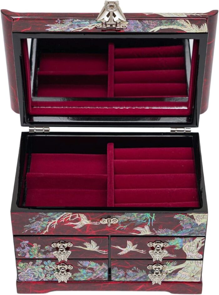 1747318580 february mountain mother of pearl wooden jewelry organizer box – jewelry storage box for women features spacious drawers ideal for rings bracelets watches chains accessories crane red.jpg