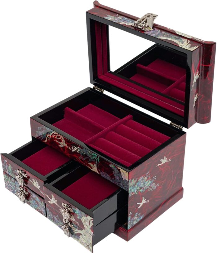 1747318581 february mountain mother of pearl wooden jewelry organizer box – jewelry storage box for women features spacious drawers ideal for rings bracelets watches chains accessories crane red.jpg
