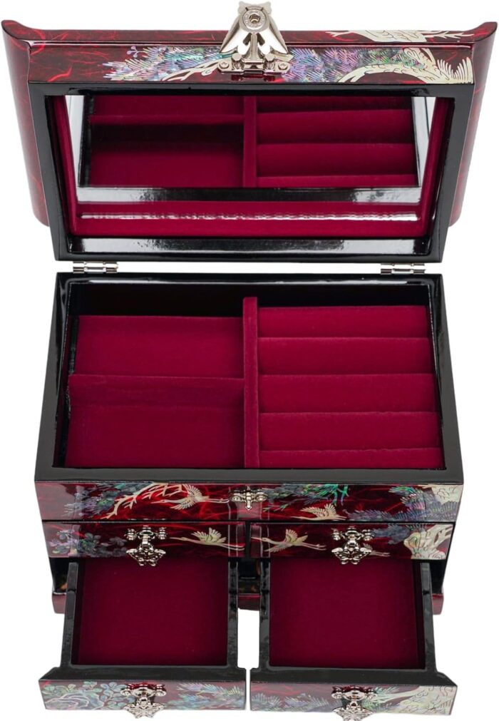 1747318583 february mountain mother of pearl wooden jewelry organizer box – jewelry storage box for women features spacious drawers ideal for rings bracelets watches chains accessories crane red.jpg