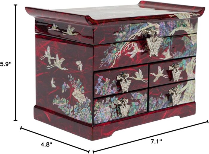 1747318585 february mountain mother of pearl wooden jewelry organizer box – jewelry storage box for women features spacious drawers ideal for rings bracelets watches chains accessories crane red.jpg