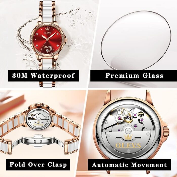 1747329189 olevs rose gold womens watches automatic watches with two tone stainless steel ceramic bracelet diamond accented self winding watches for women redbluewhite dial no battery required.jpg