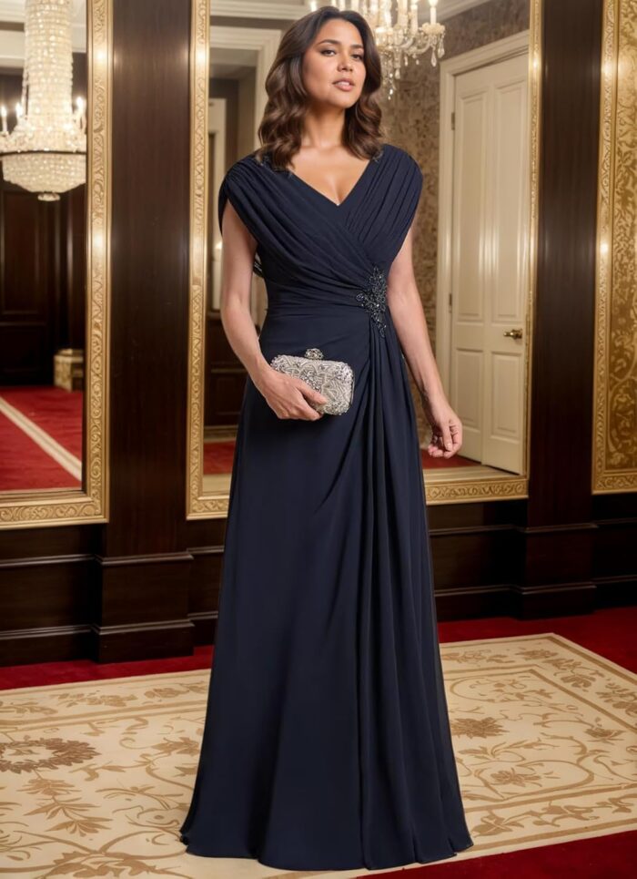 1747341910 v neck mother of the bride dresses for women ruched chiffon prom gown beaded short sleeves evening party gown wedding.jpg